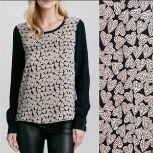 DVF- Louisa Black and Cream Silk Longsleeve Heart Print Georgette Blouse